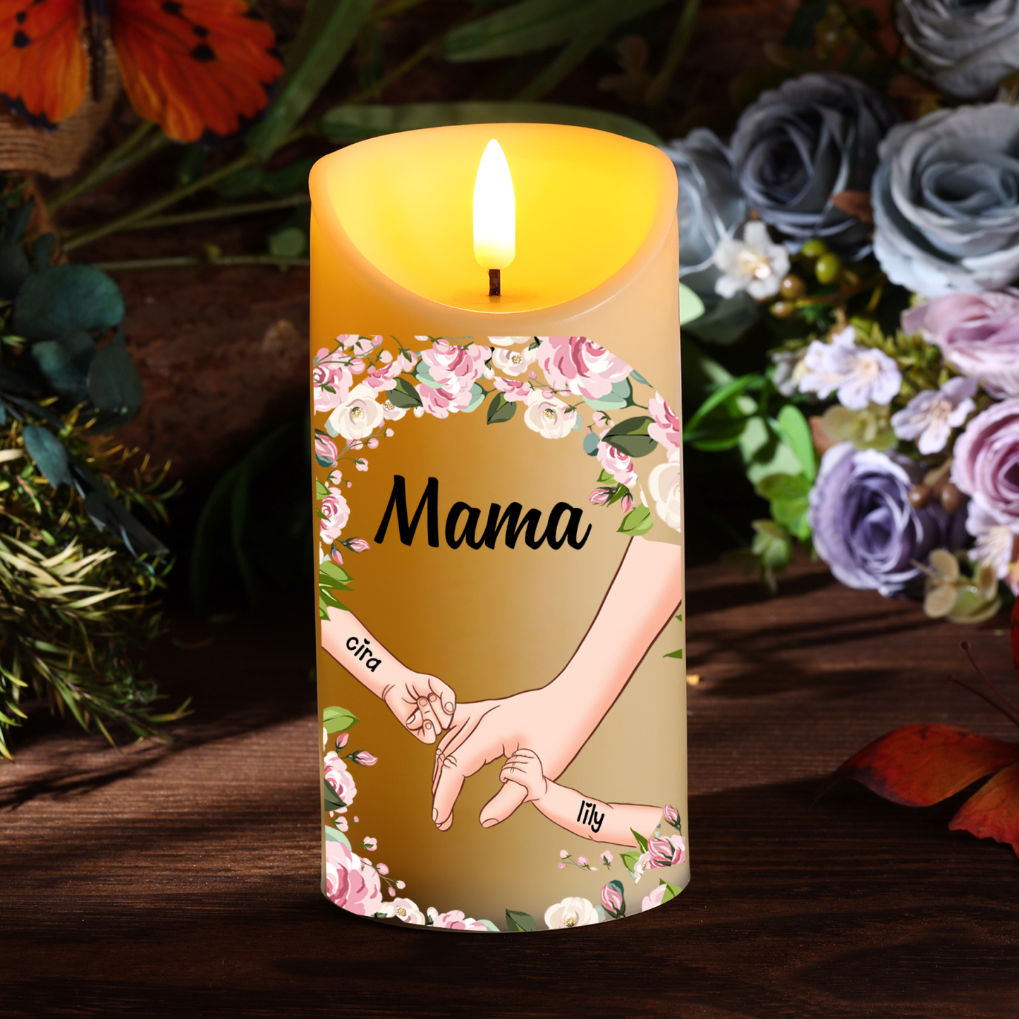 Personalisierbarer mit 1-10 Namen LED-Kerze für Mutter – Hand in Hand