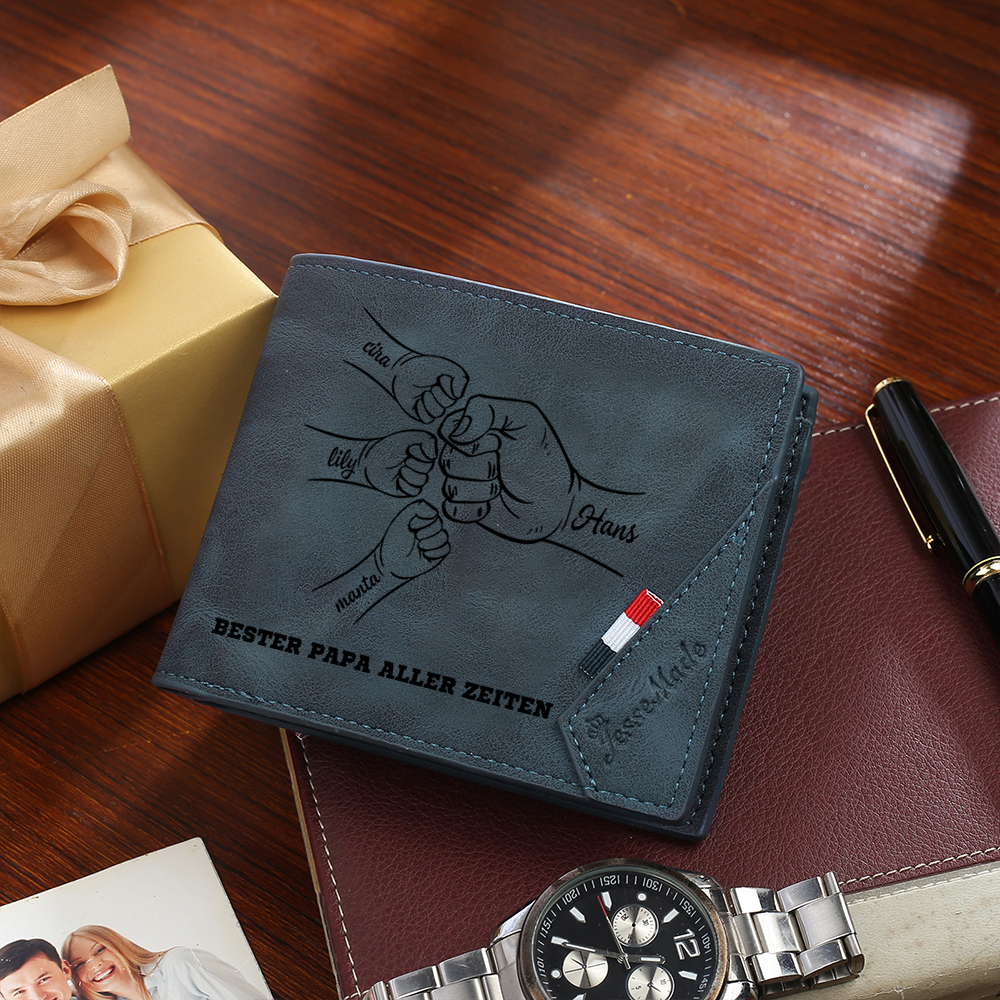 Herren Personalisiertes 1-7 Namen -Bester Papa aller Zeiten- Leder Geldbörse mit Faust-Geschenk für Vater