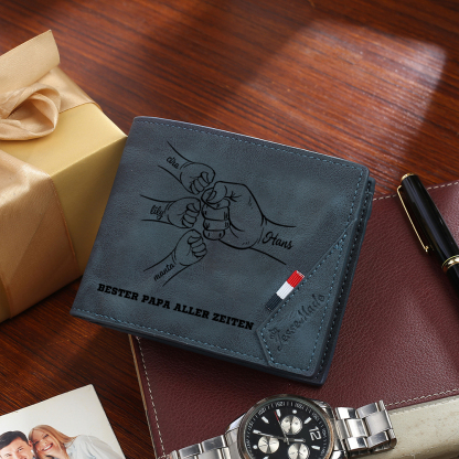 Herren Personalisiertes 1-7 Namen -Bester Papa aller Zeiten- Leder Geldbörse mit Faust-Geschenk für Vater
