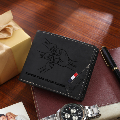 Herren Personalisiertes 1-7 Namen -Bester Papa aller Zeiten- Leder Geldbörse mit Faust-Geschenk für Vater