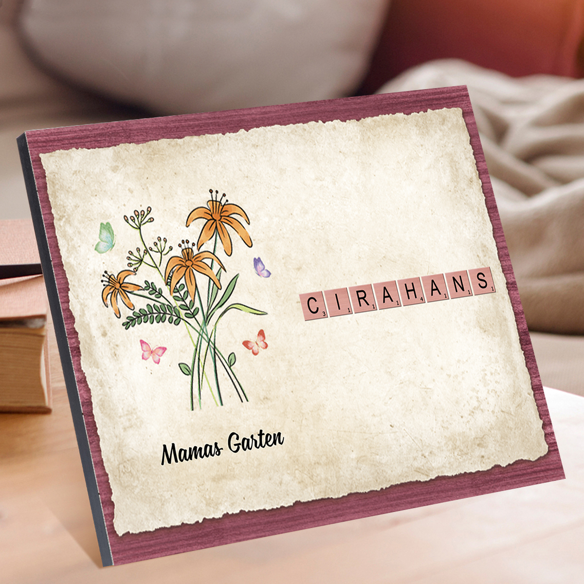 Kreuzworträtsel mit Holzrahmen, personalisierte Worte-Mamas Garten