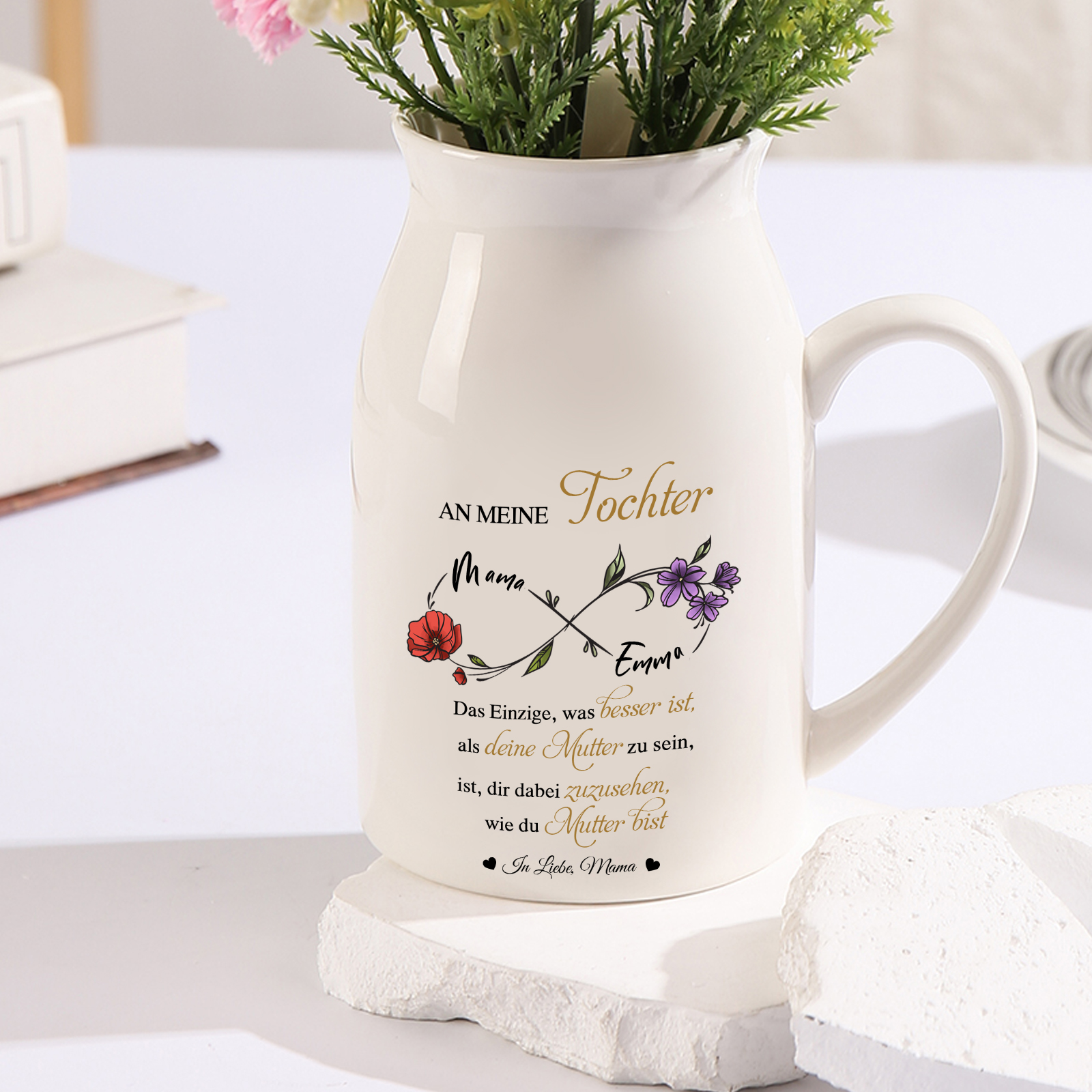 Personalisierte 2 Namen & Geburtsblumen-An meine Tochter- Gießvase mit Henkel Mama Vase-Pefektes Geschenk für Tochter