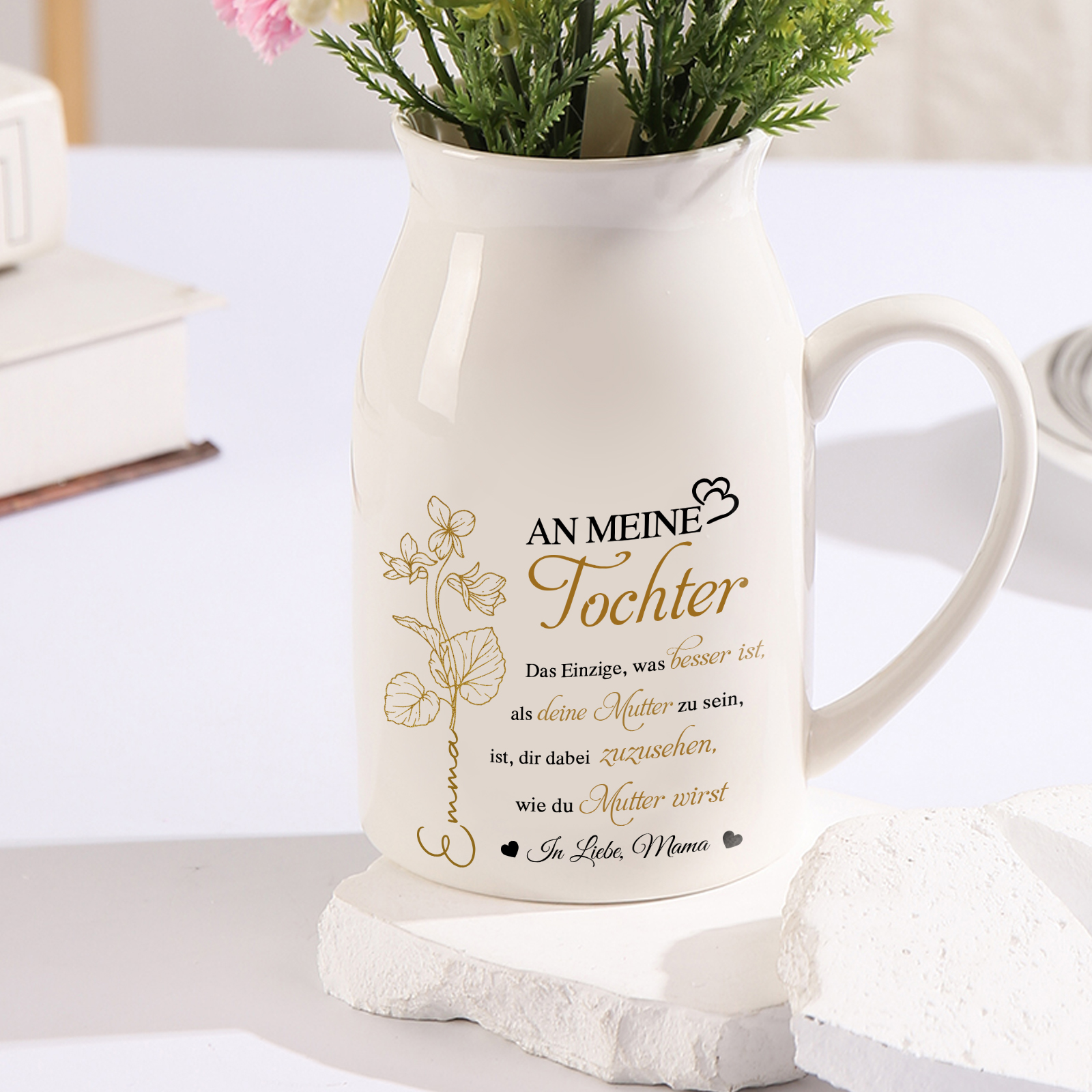 Personalisierte 1 Name & Geburtsblume-An meine Tochter- Gießvase mit Henkel Mama Vase-Pefektes Geschenk für Tochter