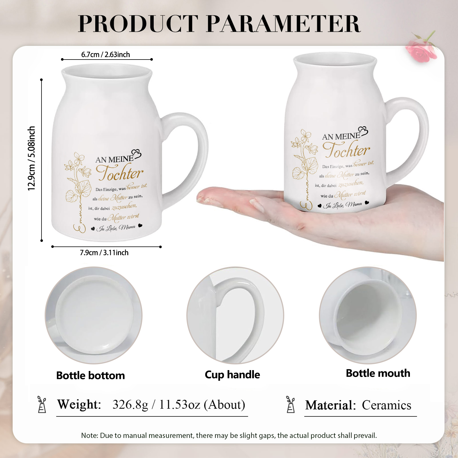 Personalisierte 1 Name & Geburtsblume-An meine Tochter- Gießvase mit Henkel Mama Vase-Pefektes Geschenk für Tochter