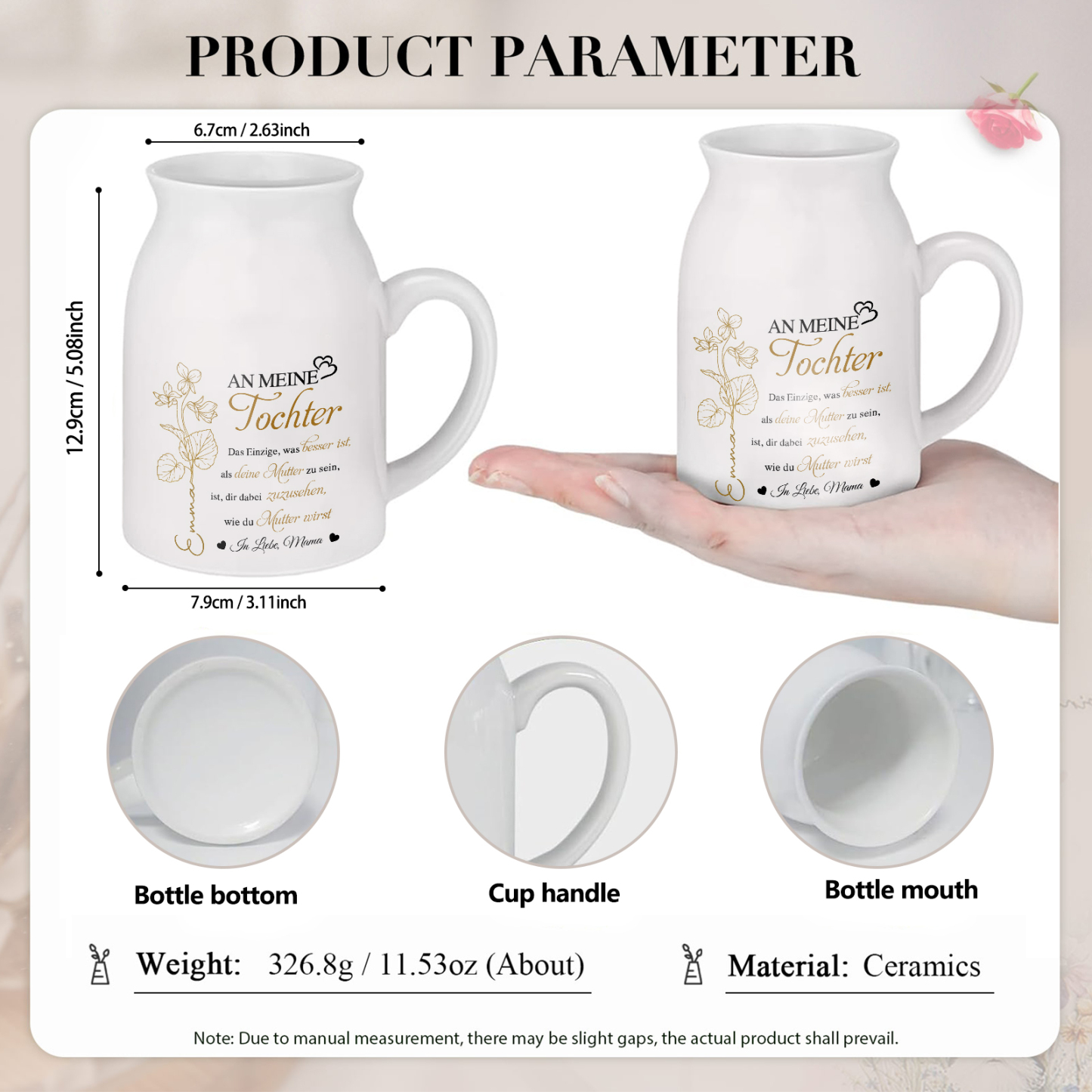 Personalisierte 1 Name & Geburtsblume-An meine Tochter- Gießvase mit Henkel Mama Vase-Pefektes Geschenk für Tochter