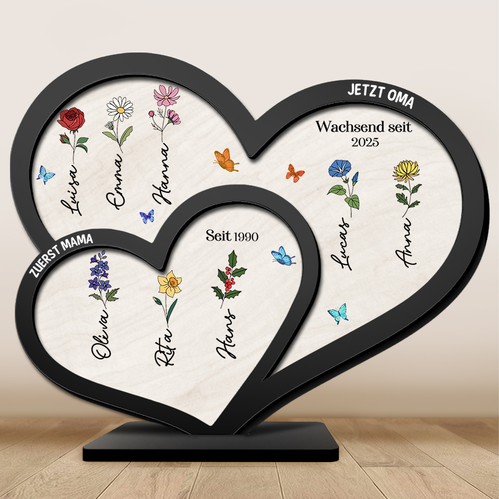 Doppelherz Holzbild-Personalisierte Namen & Geburtsblume, zuerst Mama, Jetzt Oma-Geschenk zum Muttertag