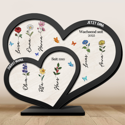 Doppelherz Holzbild-Personalisierte Namen & Geburtsblume, zuerst Mama, Jetzt Oma-Geschenk zum Muttertag