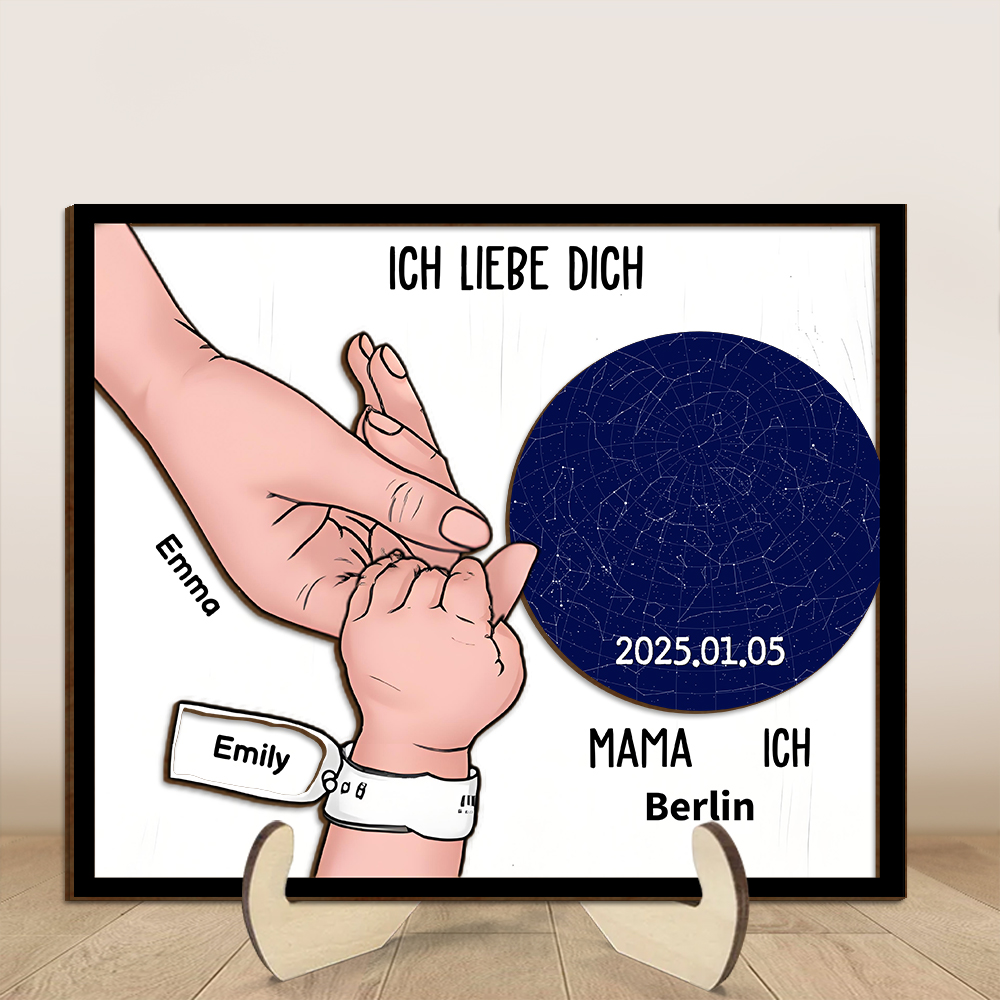 Holzbild Sternenkarte-Personalisierte Namen & Text & Datum-Hand in Hand-Geschenk zum Muttertag