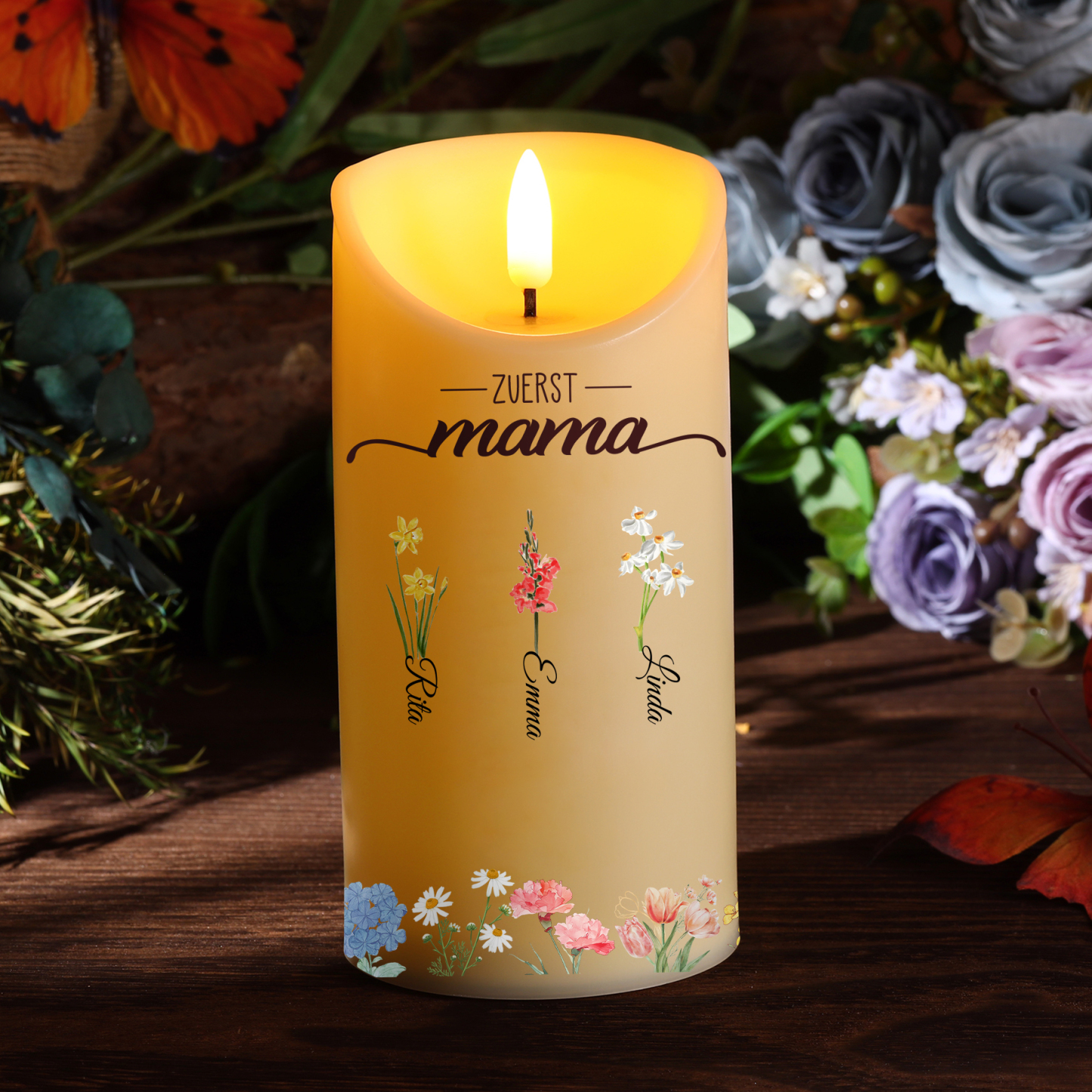 Personalisierbarer Name & Blume LED-Gedenk-Kerze – Zuerst Mama, Jetzt Oma