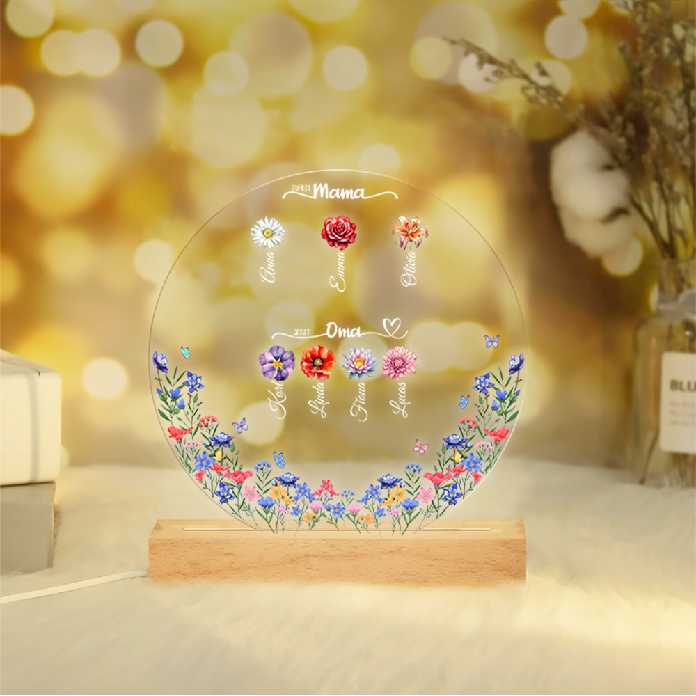 Personalisierte 1-8 Namen & Geburtsblumen Rund Nachtlicht-Zuerst Mama, Jetzt Oma-Geschenk für Großmutter zum Muttertag