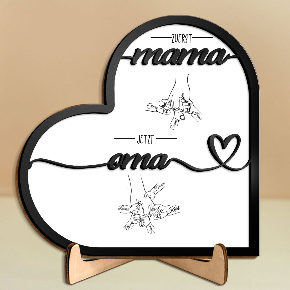 Herz Holzbild-Personalisierte 1-6 Namen & Hand in Hand-Zuerst Mama, Jetzt Oma-Geschenk zum Muttertag für Mama/Oma