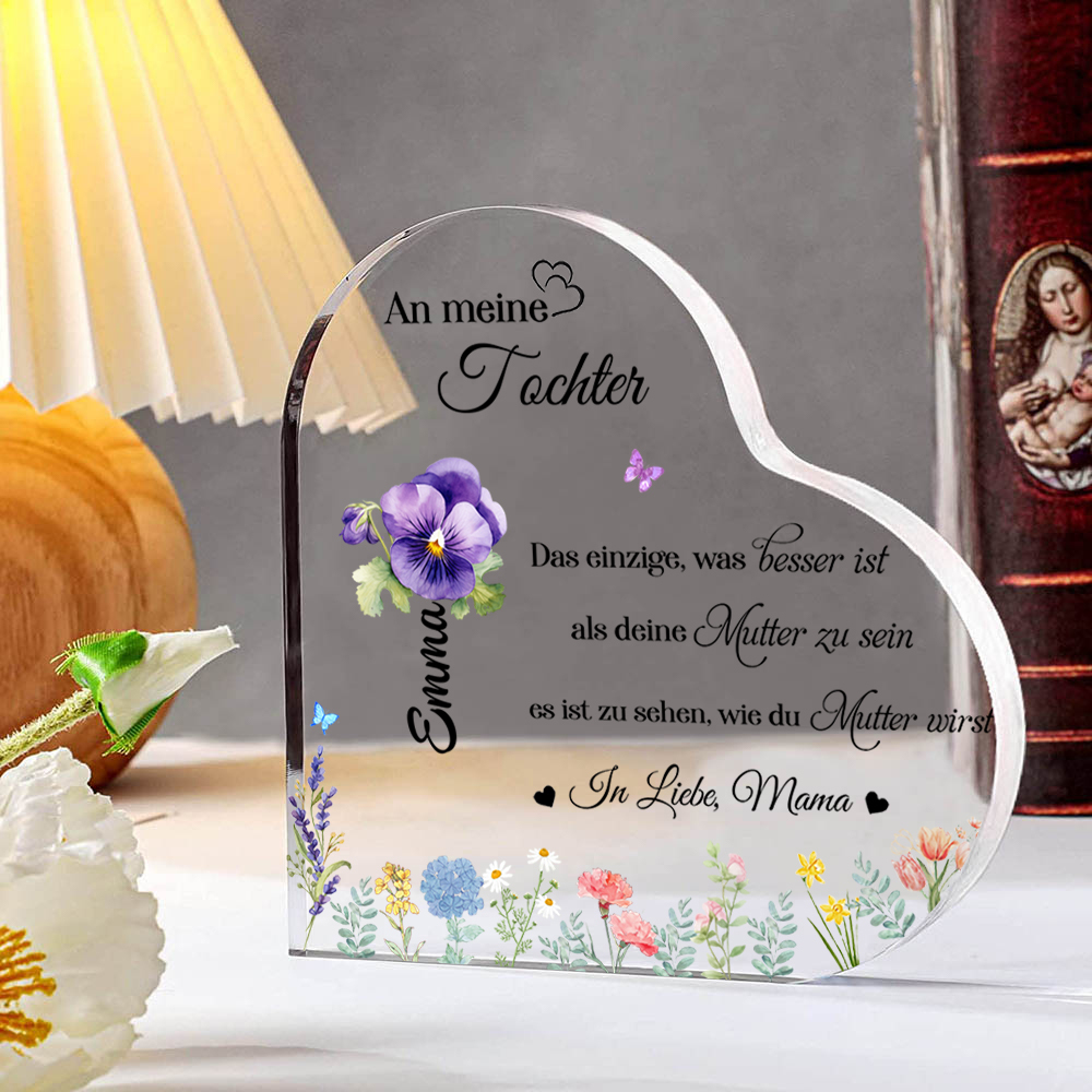 Personalisierte Text & Name & Geburtsblume Herz Acryl-Deko-An meine Tochter -Schreibtischdekoration für Tochter