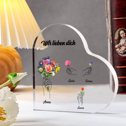 Personalisierte Name & Geburtsblume Herz Acryl-Deko-Schreibtischdekoration für Mama