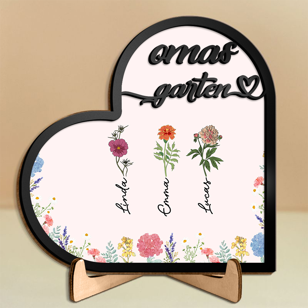 Herz Holzbild-Personalisierte 1-7 Namen & Geburtsblumen -Omas Garten-Geschenk zum Muttertag für Mama/Oma