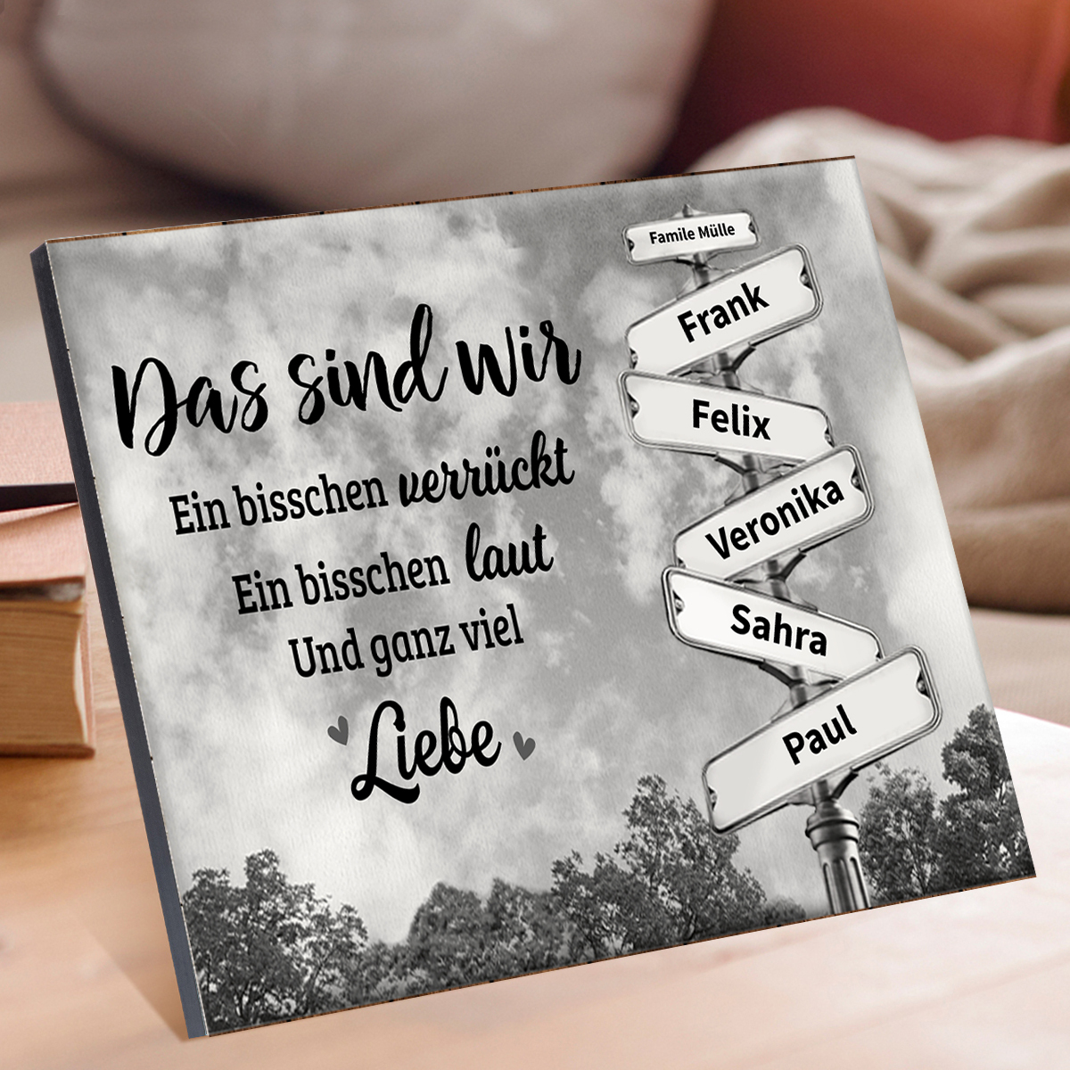 Familie Holzbild-Personalisierter 2 Namen & Holzdekoration Das sind wir Ein bisschen verrückt Ein bisschen laut Und ganz viel Liebe