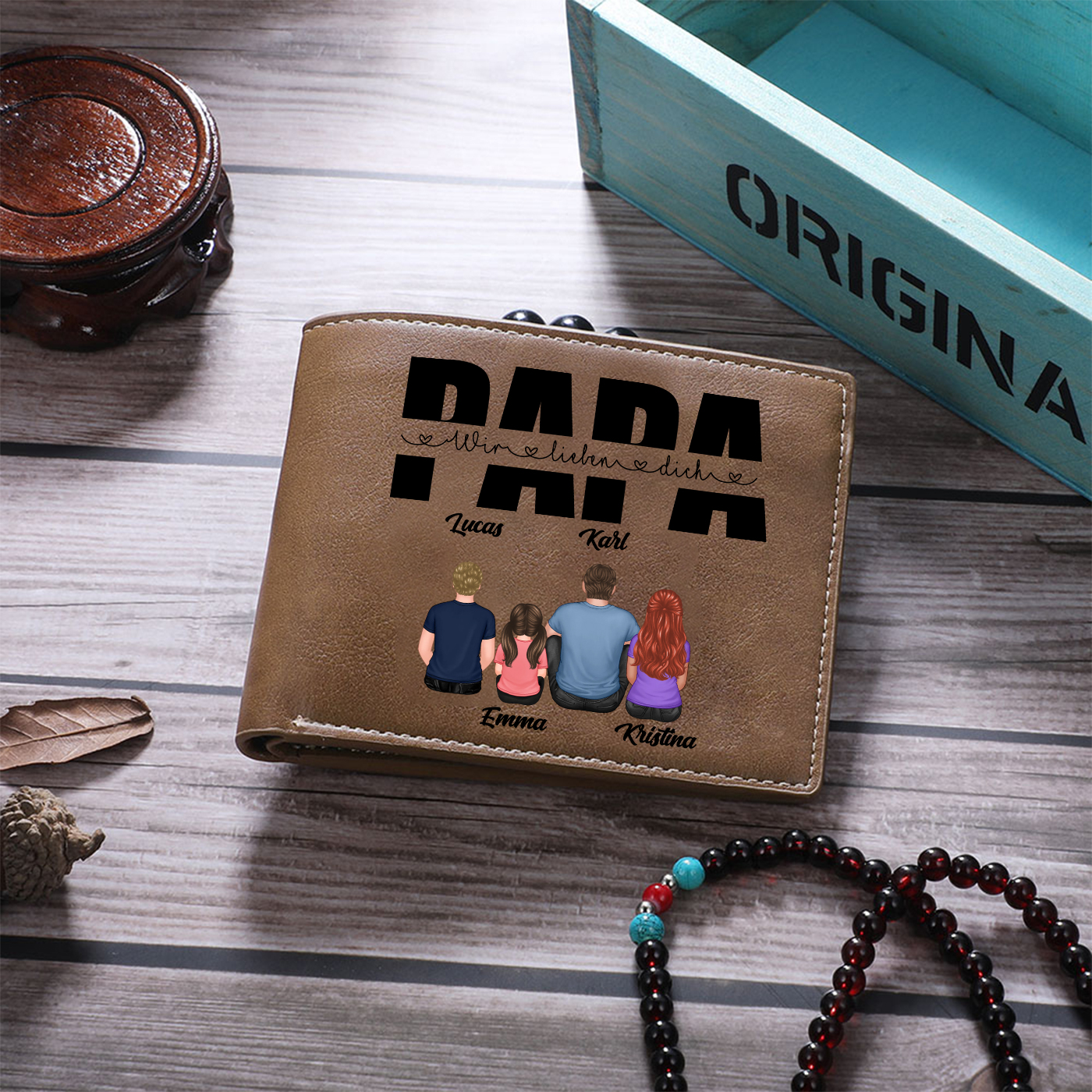 Herren Personalisierte 2 Namen- Leder Geldbörse mit Vater und Kind- Geschenk für Papa zum Vatertag