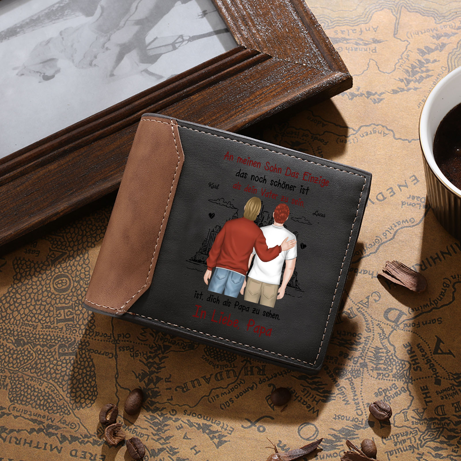 Herren Personalisierte 2 Namen- Leder Geldbörse mit Vater und Kind-An meine Sohn- Geschenk für Sohn