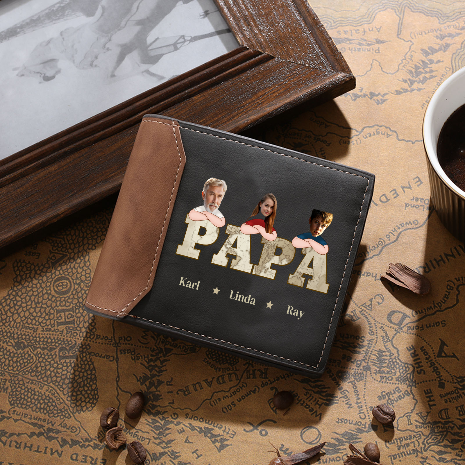 Herren Personalisierte 1-10 Namen & Foto- Leder Geldbörse - Geschenk für Papa zum Vatertag