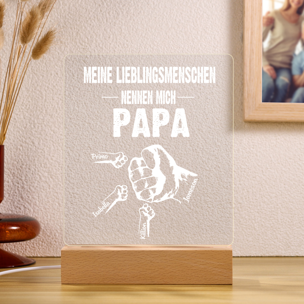 Personalisierte 4 Namen & Text PAPA Faust Nachtlicht- Meine Lieblingsmenschen nennen mich Papa-Geschenk für Vater-Unsere Familie