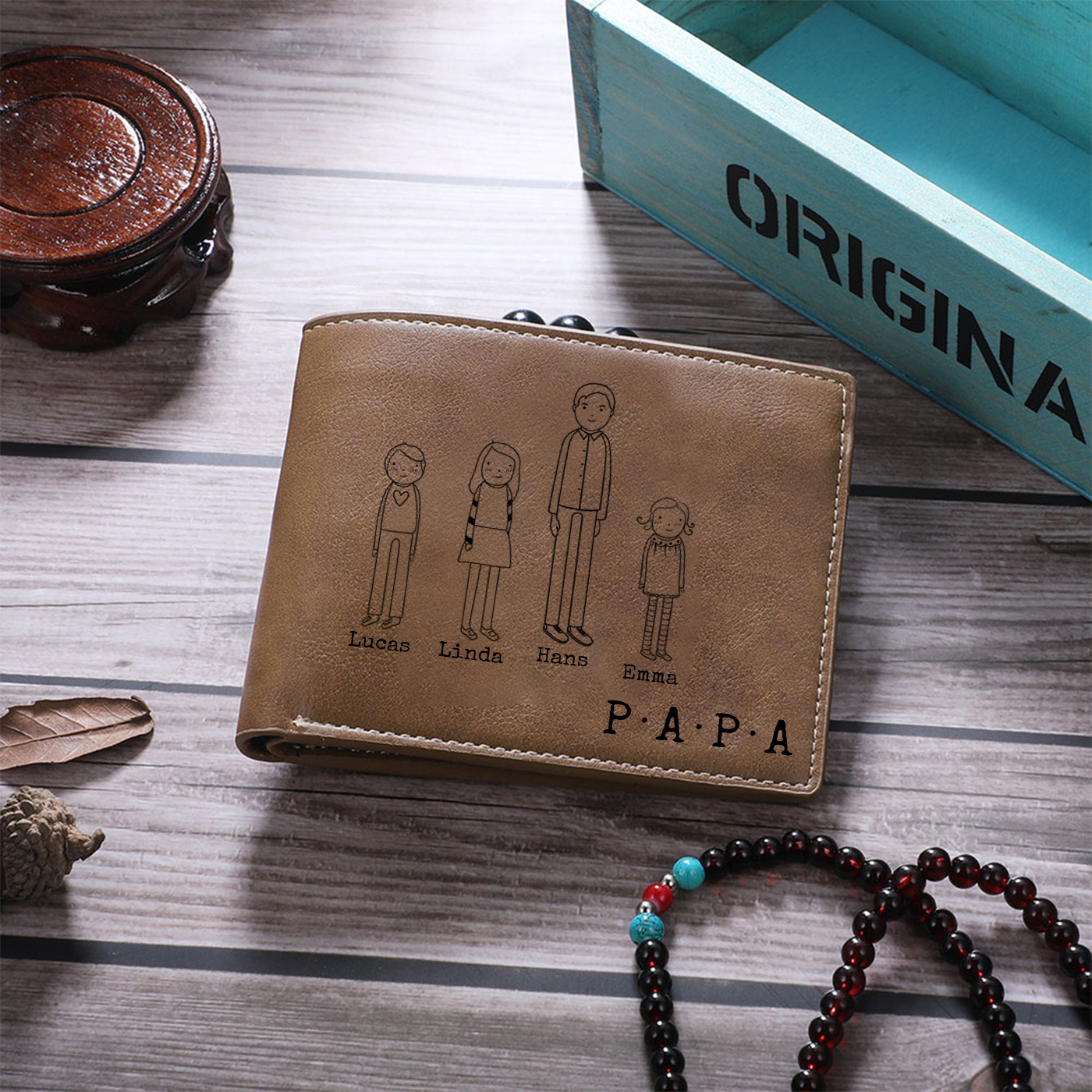 Herren Personalisierte 1-10 Namen- Leder Geldbörse mit Vater und Kind- Geschenk für Papa zum Vatertag
