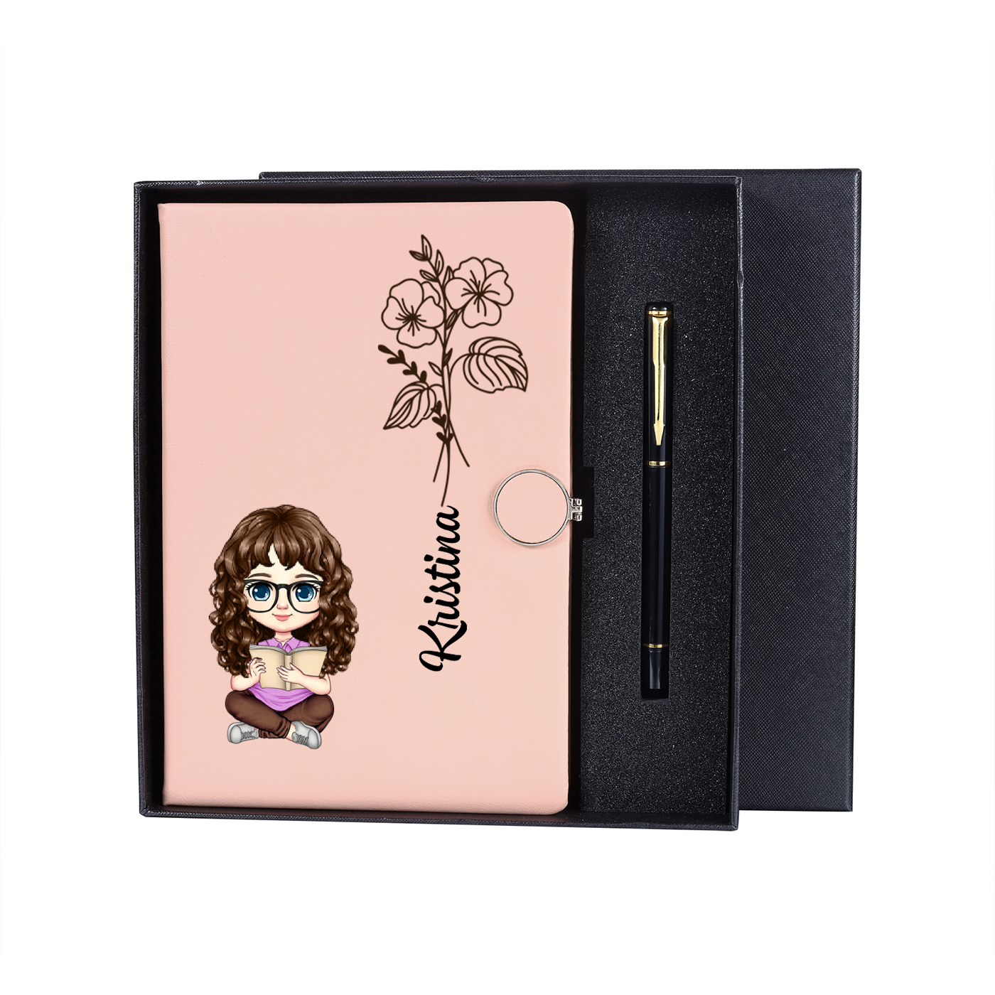 Personalisierbare Muster & Geburtsblume auf dem Notizbuch mit Kugelschreiber-Geschenk für Kinder zur Schule