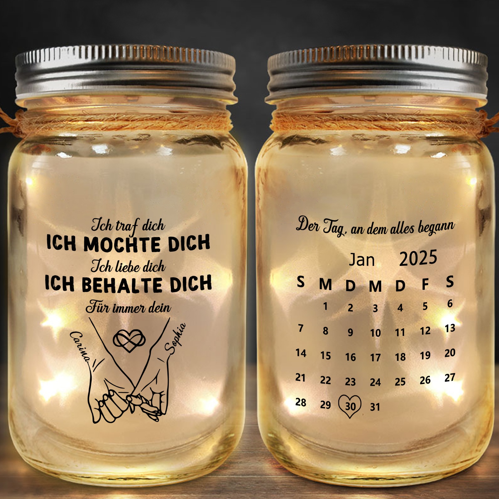 Personalisiertes LED Flaschenlicht‑Nachtlicht mit Namen, Datum für Paare