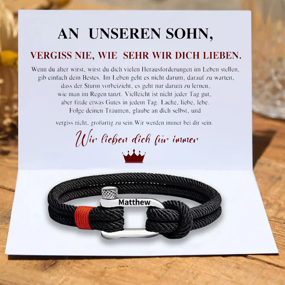 Personalisiertes Seilarmband für Sohn – Gravurarmband mit Botschaftskarte – Geschenk von Mama & Papa