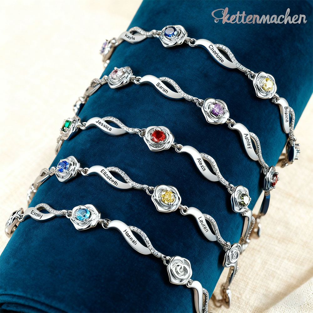 Personalisierte Rosenarmband mit 1-5 Namen und Geburtssteinen – Liebevolles Geschenk für Mama