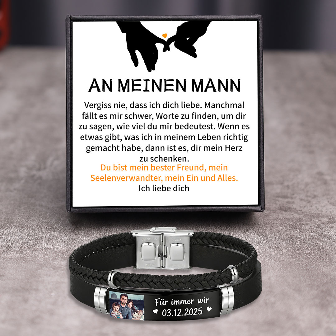 Herren Personalisierter 1 Text & Foto-Leder Armband Geschenkkarten-Set für Mann