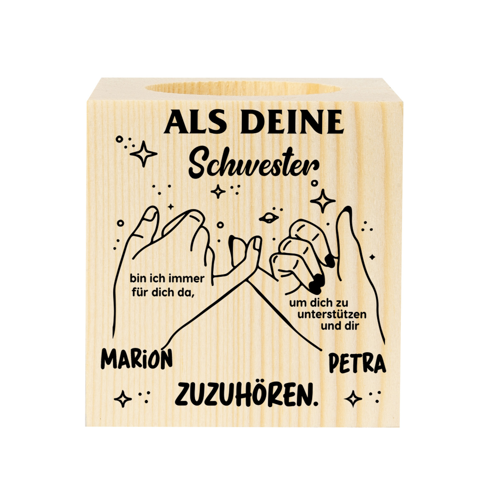 Holz Kompliment Kerzenhalter Personalisierter 2 Namen 1 bedruckte Seite-Als deine Schwester bin ich immer für dich da-Geschenk für Schwester