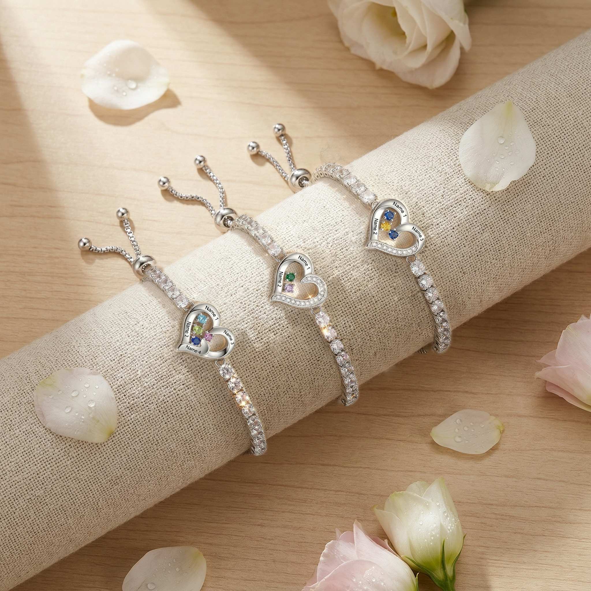 Personalisierbares Tennisarmband mit 2-4 Namen, Herz und Geburtssteinen
