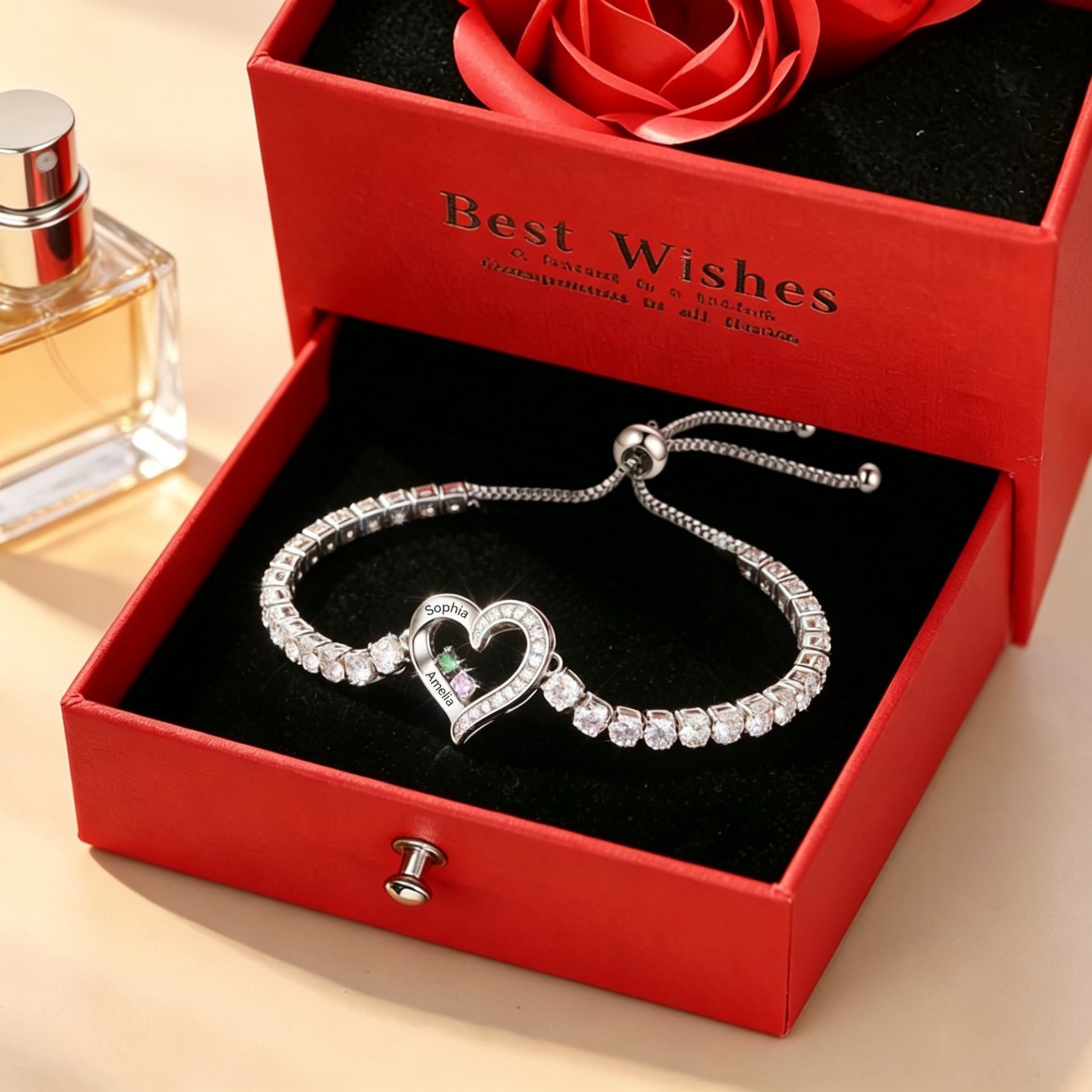 Personalisierbares Tennisarmband mit 2-4 Namen, Herz und Geburtssteinen