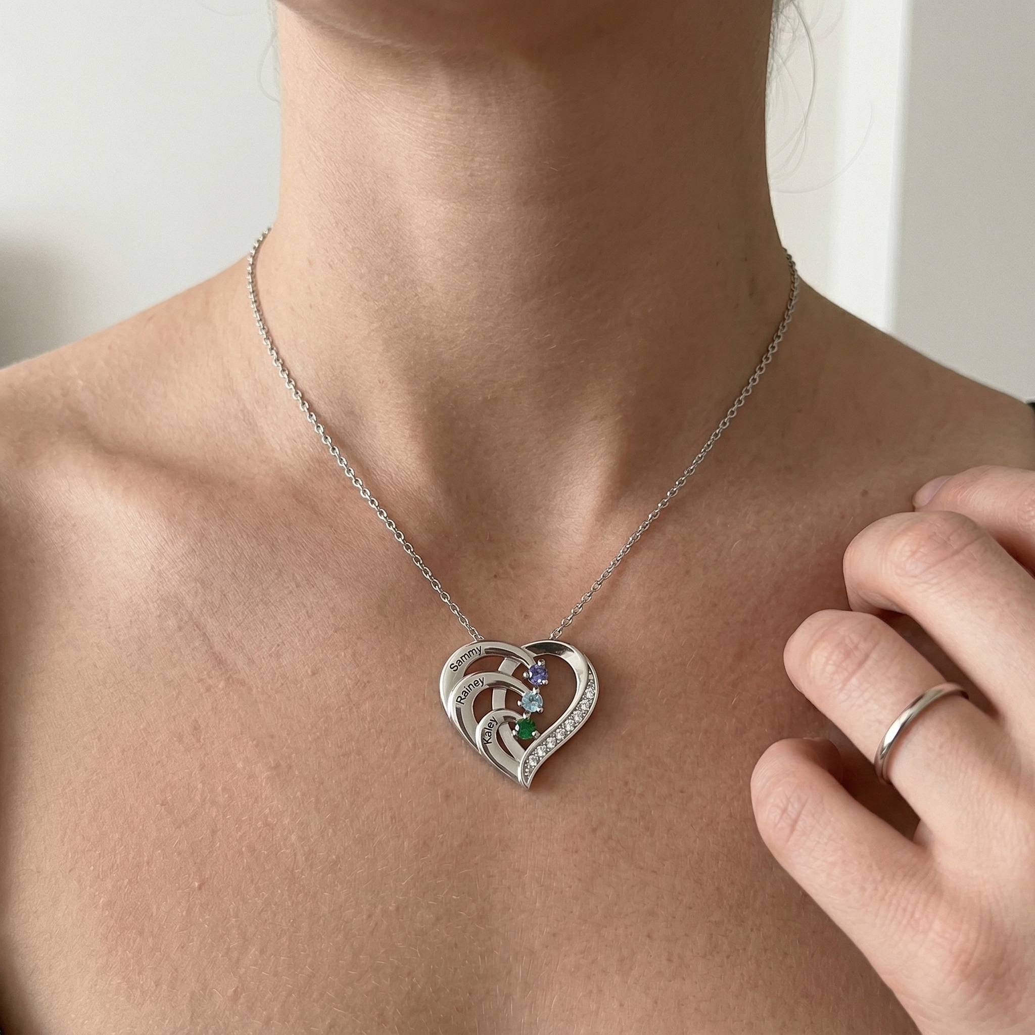 925 Sterling Silber Personalisierte 3 Namen Herz Halskette mit 3 Geburtssteinen