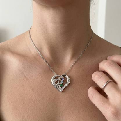 925 Sterling Silber Personalisierte 3 Namen Herz Halskette mit 3 Geburtssteinen