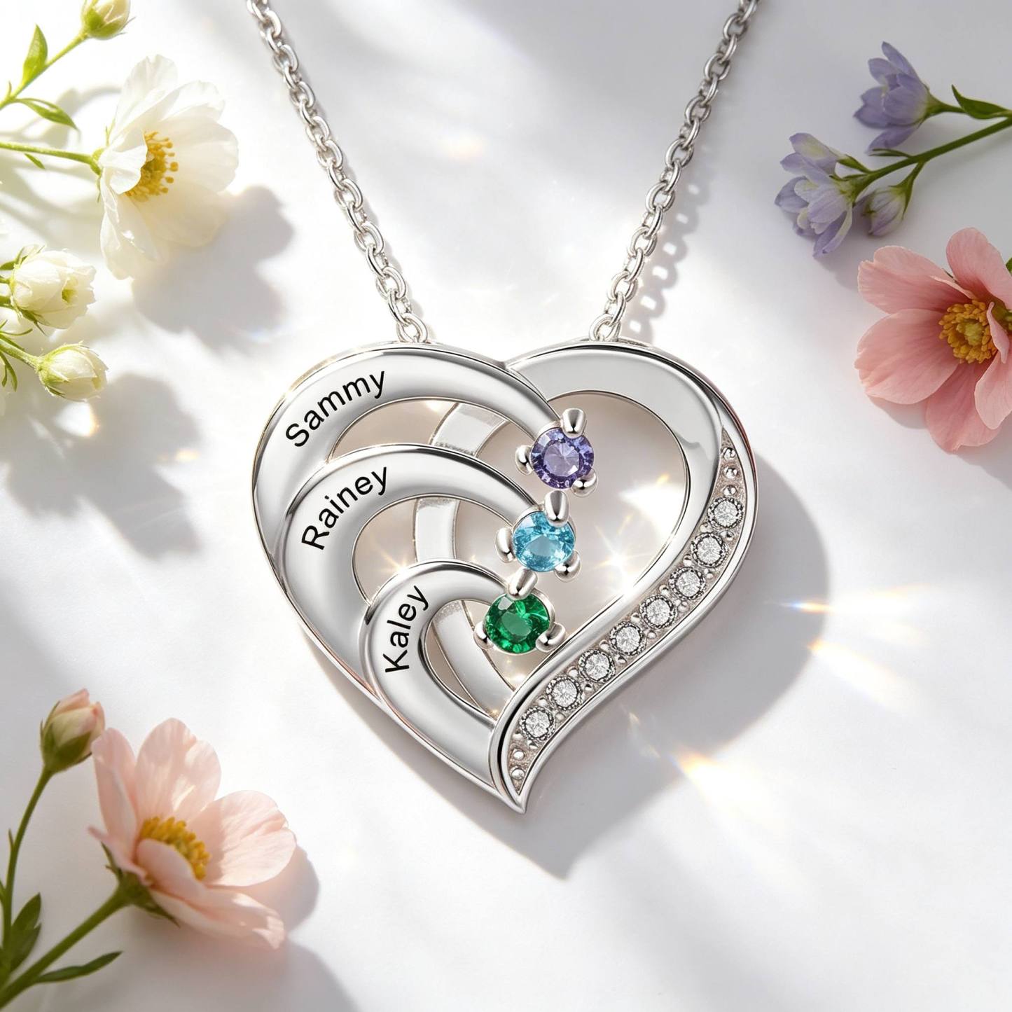 925 Sterling Silber Personalisierte 3 Namen Herz Halskette mit 3 Geburtssteinen