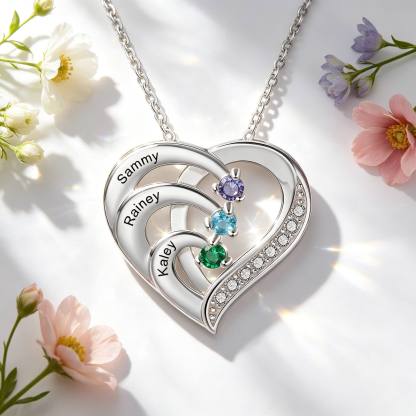 925 Sterling Silber Personalisierte 3 Namen Herz Halskette mit 3 Geburtssteinen
