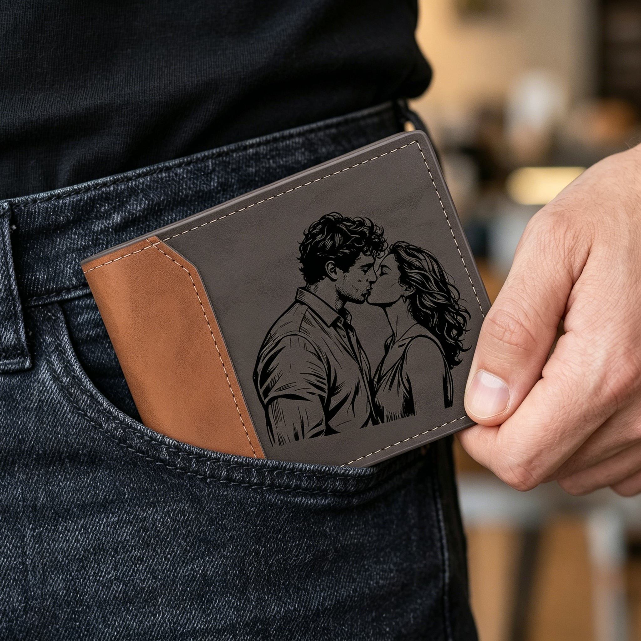 Personalisierte Herren‑Geldbörse mit Foto‑Gravur oder Monogramm zweifarbiges PU‑Leder