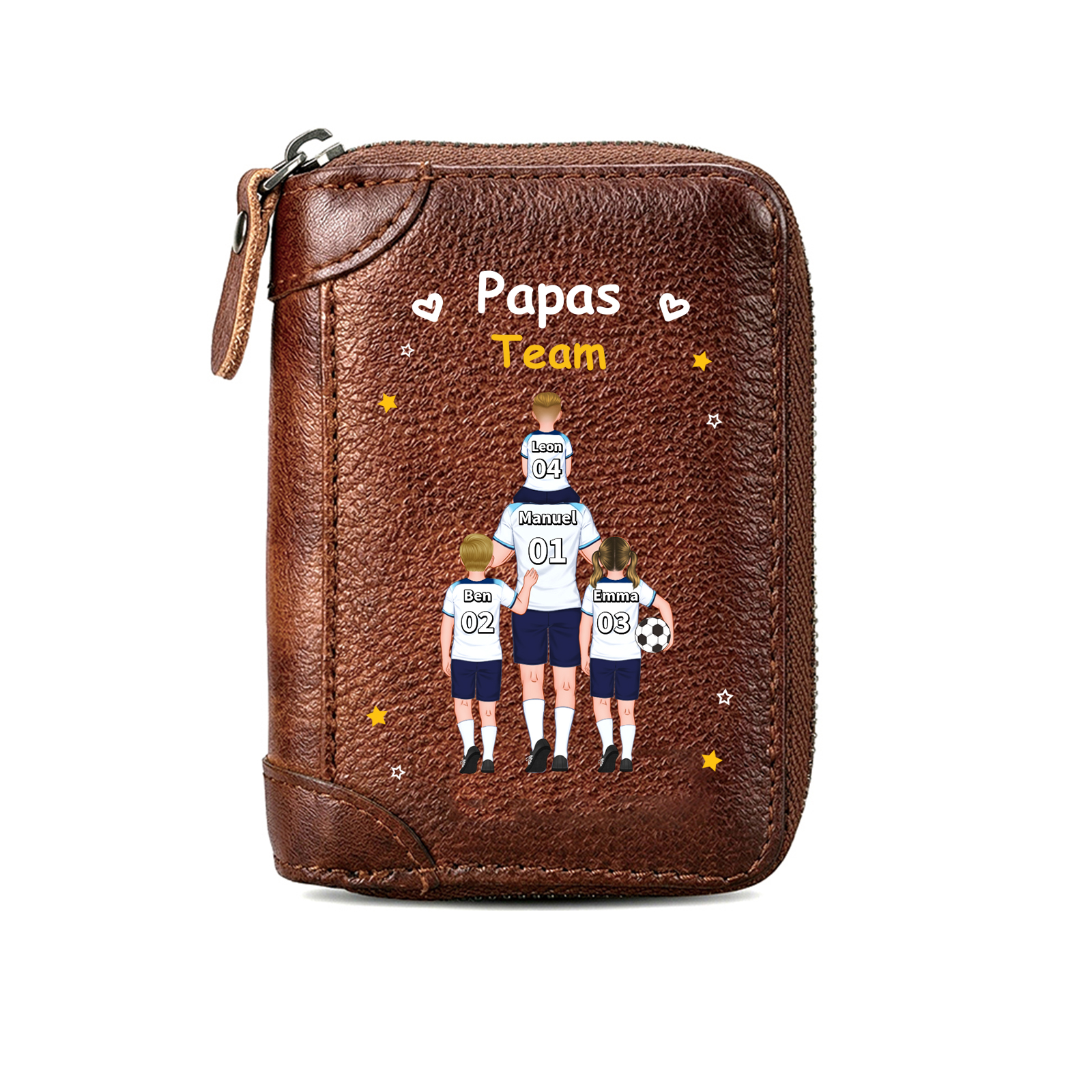 Personalisiertes Kartenetui aus echtem Leder mit Reißverschluss Papas Team mit 2–6 Kindernamen