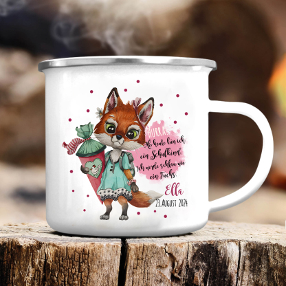 Emaille Tasse-Personalisierter Name & Datum Hase Becher - Hurra ab heute bin ich ein Schulkind Ich werde schau wie ein Fuchs - Geschenk zum Schulanfang