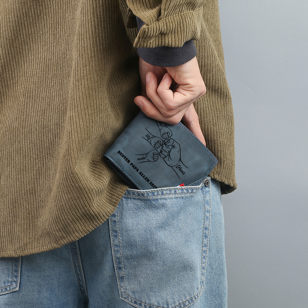 Herren Personalisiertes 1-7 Namen -Bester Papa aller Zeiten- Leder Geldbörse mit Faust-Geschenk für Vater