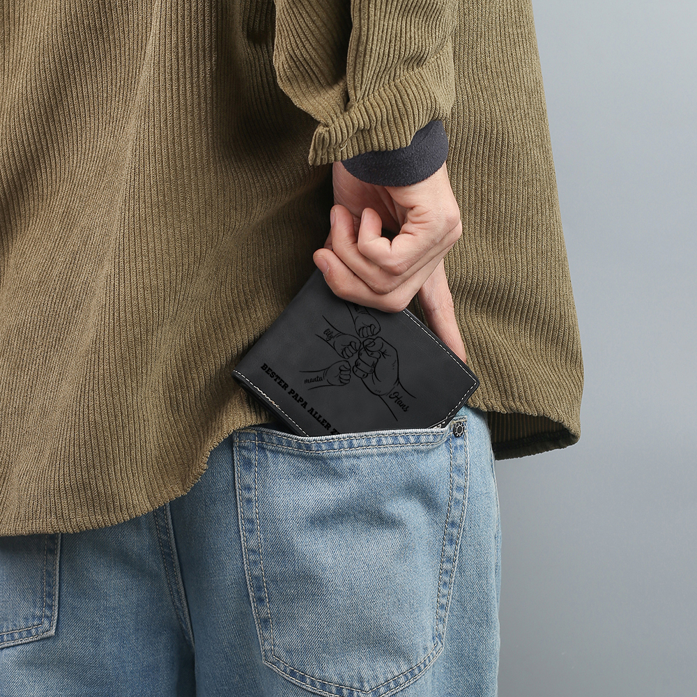 Herren Personalisiertes 1-7 Namen -Bester Papa aller Zeiten- Leder Geldbörse mit Faust-Geschenk für Vater