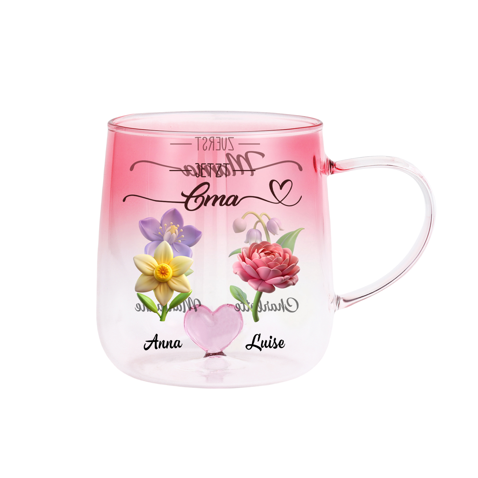 Personalisierte rosa Glas-Tasse mit Blumen & Namen der Kinder für Oma