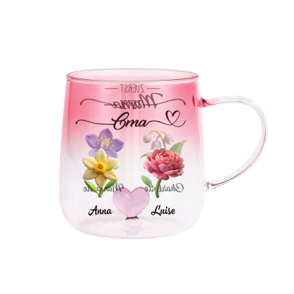 Personalisierte rosa Glas-Tasse mit Blumen & Namen der Kinder für Oma