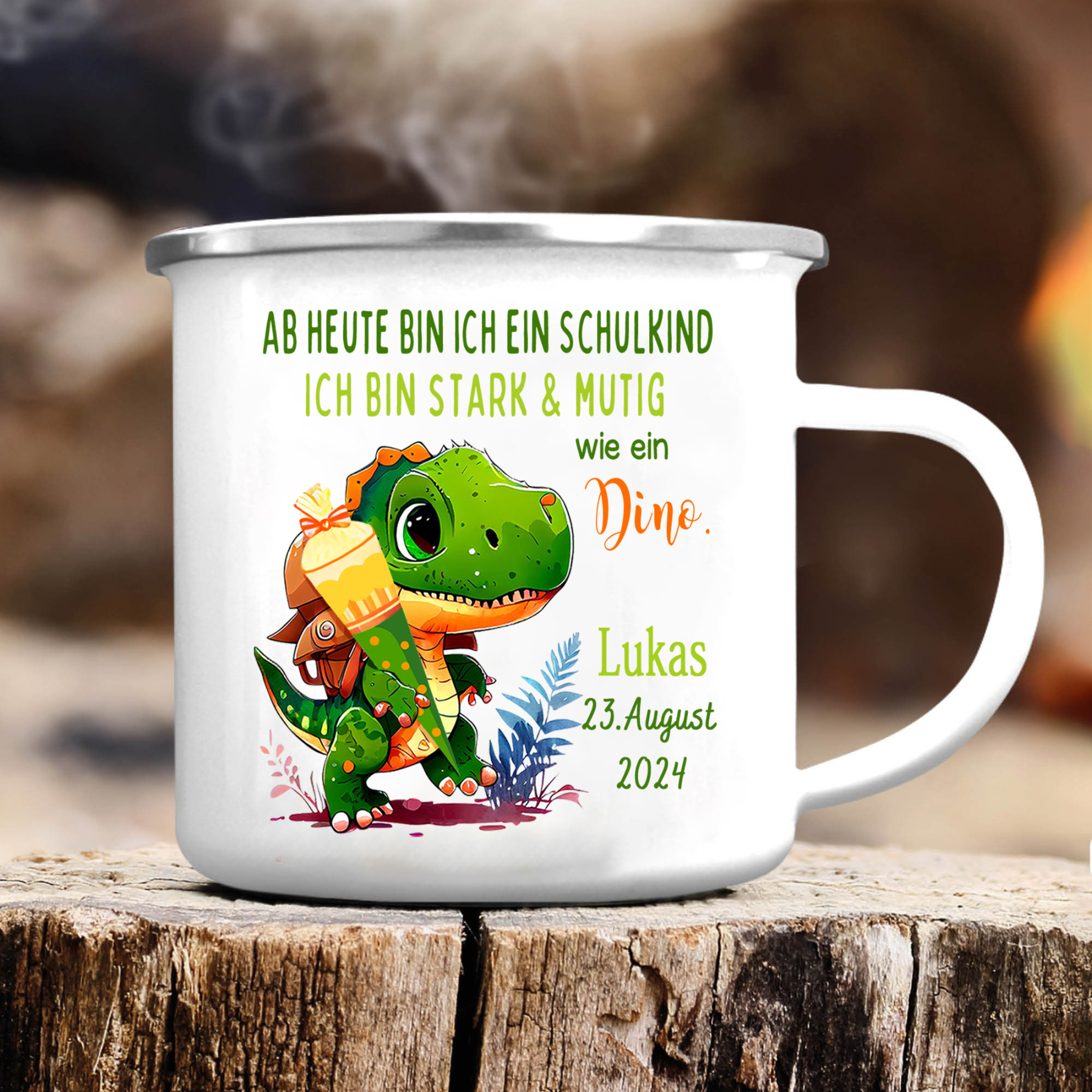 Emaille Tasse-Personalisierter Name & Datum Dino Becher - Ich bin stark & mutig wie ein Dino - Geschenk zum Schulanfang