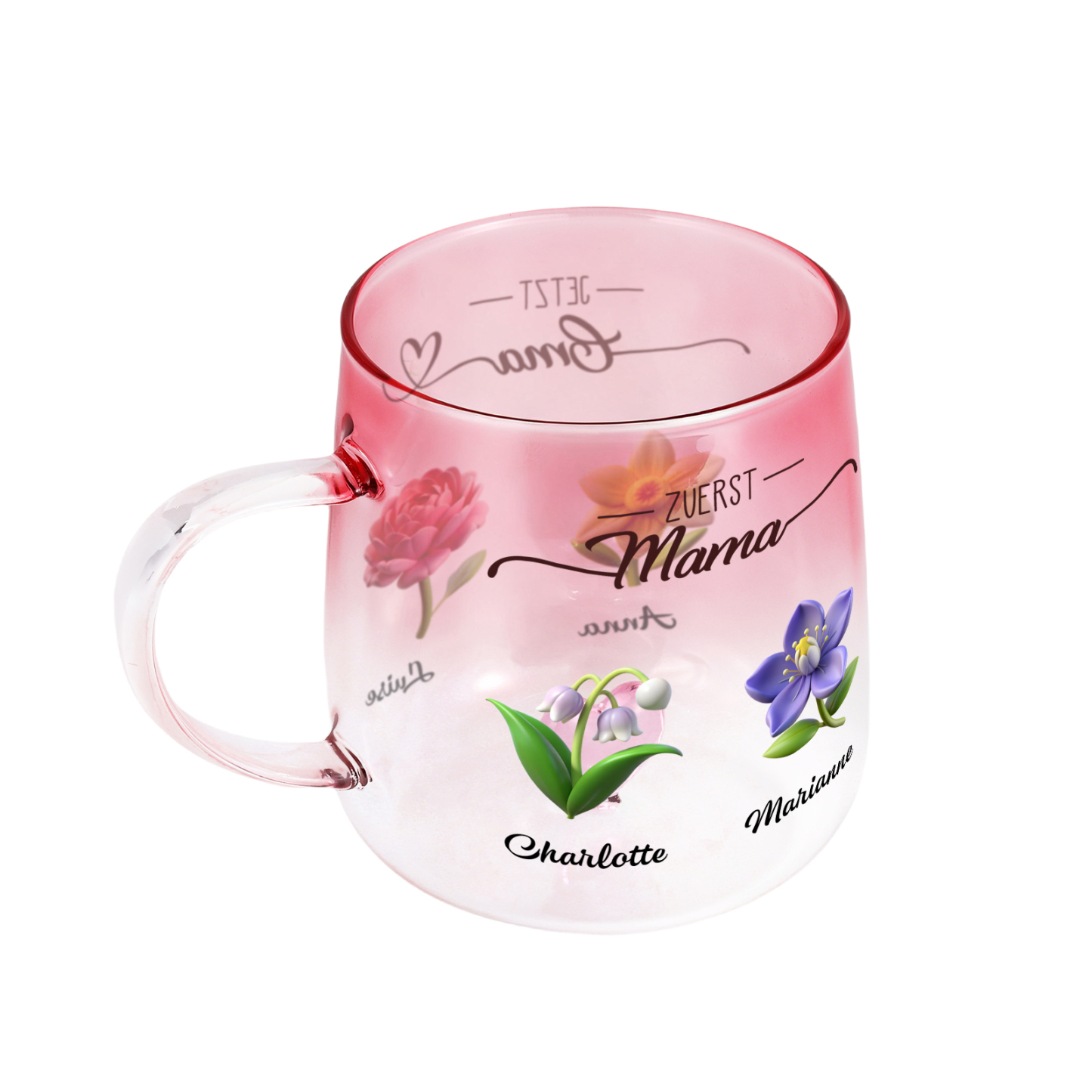 Personalisierte rosa Glas-Tasse mit Blumen & Namen der Kinder für Oma