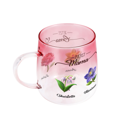 Personalisierte rosa Glas-Tasse mit Blumen & Namen der Kinder für Oma
