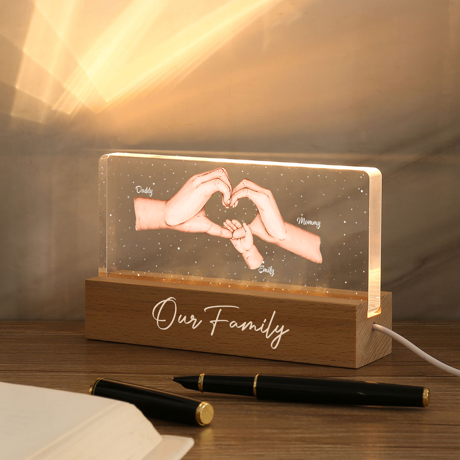 Personalisierte 3 Namen & Text PAPA Hand in Hand Nachtlicht Geschenk für Vater-Unsere Familie