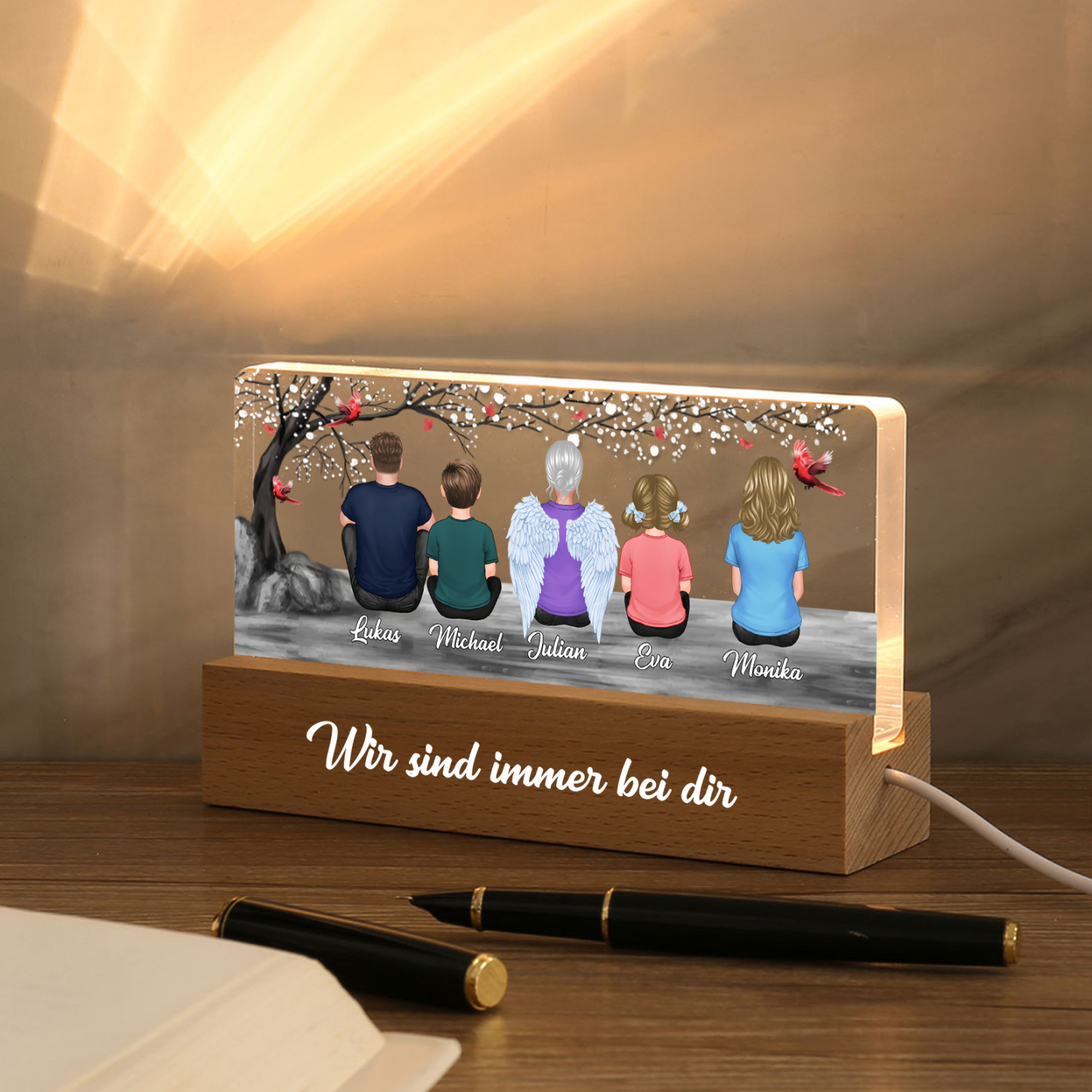 Personalisierte 2-8 Namen & Text Acryl-Holz Nachtlampe– Ein warmes Erinnerungslicht für Familie