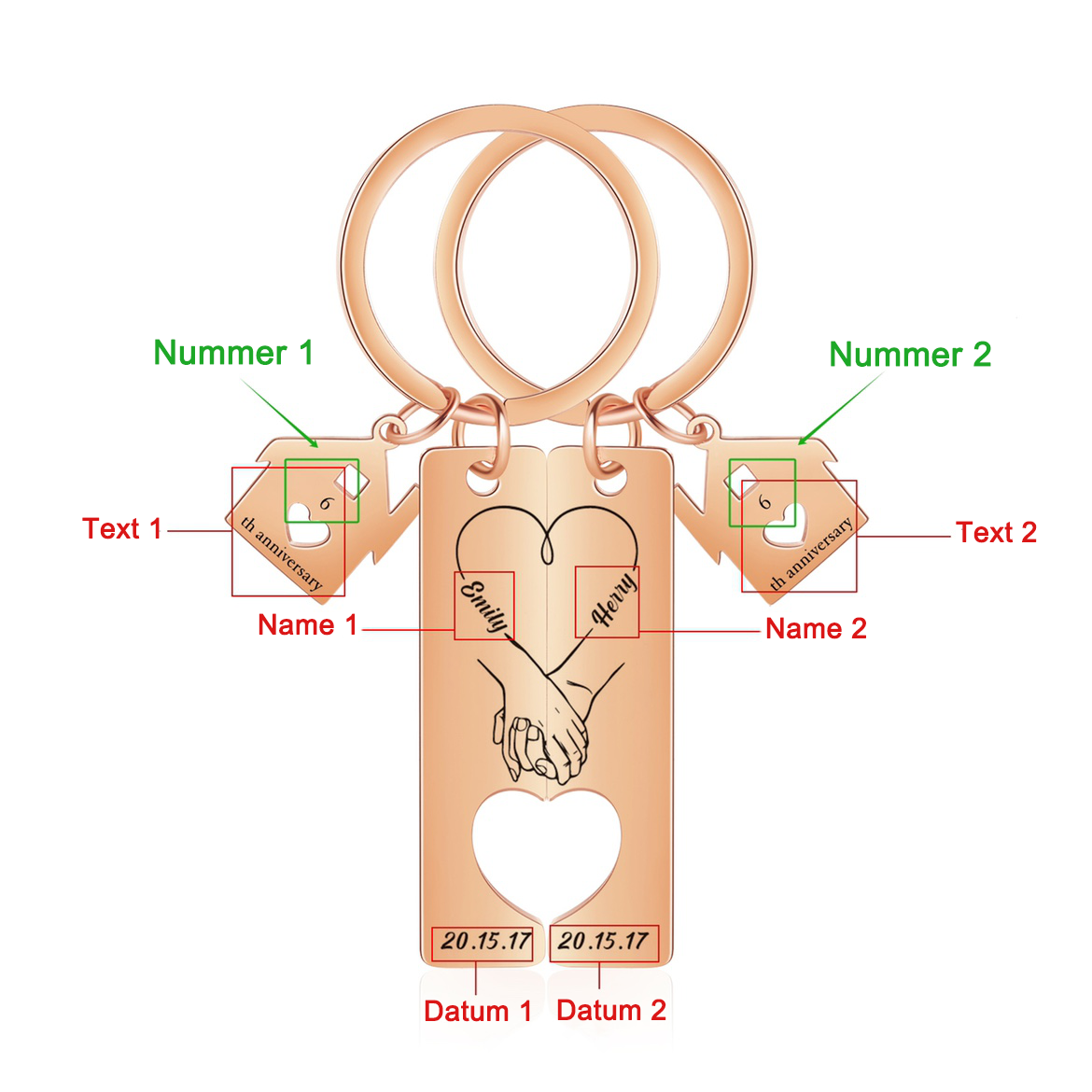 Personalisierbare 2 Texte & Datum & Namen Ausschnitt in Herzform Paar Metall-Schlüsselanhänger mit Haus Anhänger