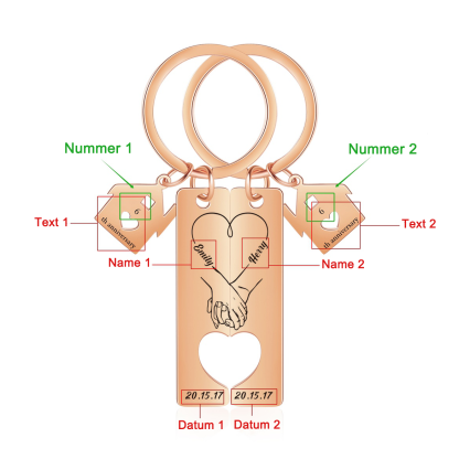 Personalisierbare 2 Texte & Datum & Namen Ausschnitt in Herzform Paar Metall-Schlüsselanhänger mit Haus Anhänger